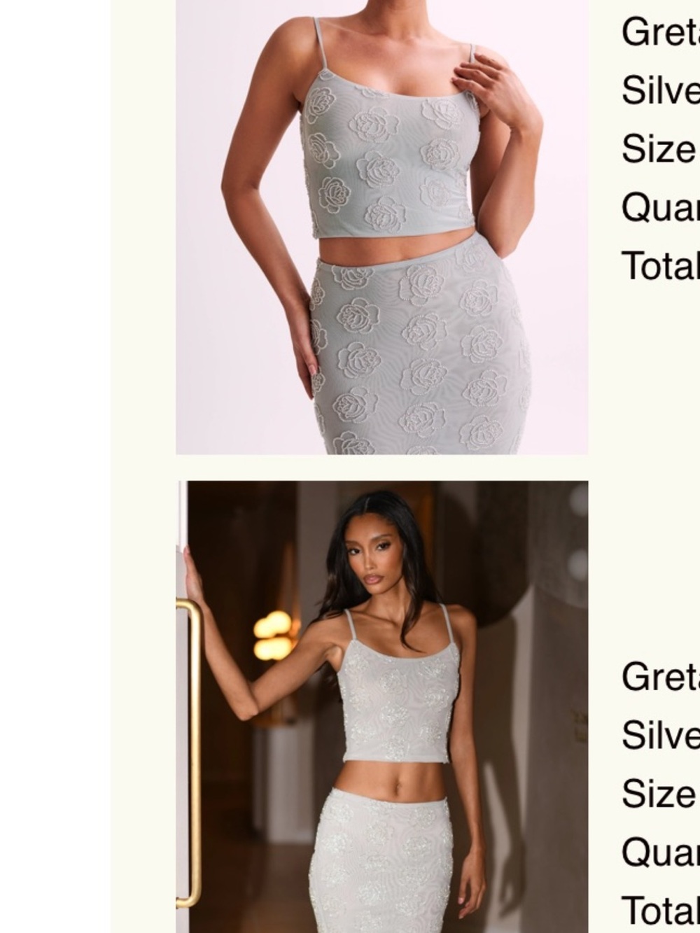 Meshki Silver Rose-Appliqué Spaghetti Strap Crop Top